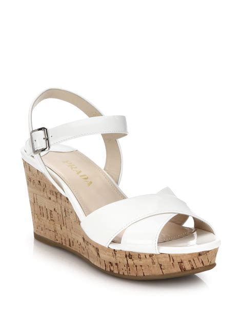 white patent leather prada wedges with tortoise chain|Prada White Patent Leather Wedge Sandals Size 37 .